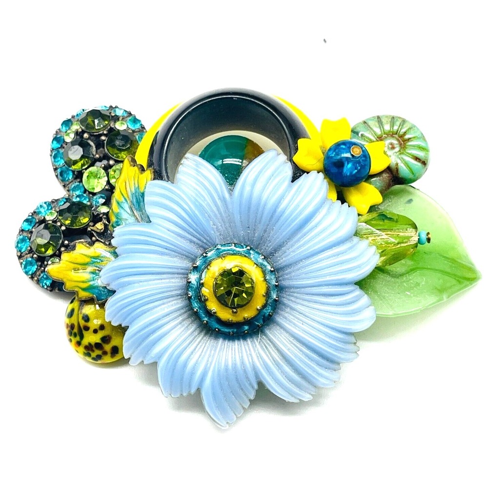 Kim Signed Floral Enamel Brooch Blue Daisy Rhinestone Silver Tone Vintage Pin